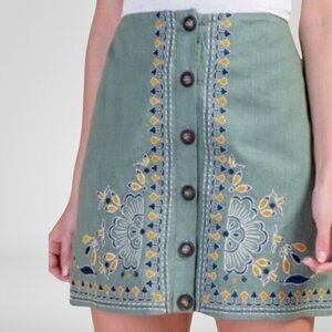 Francesca's Blue Rain Mini Skirt Green Embroidered Button Front Bohemian Size S